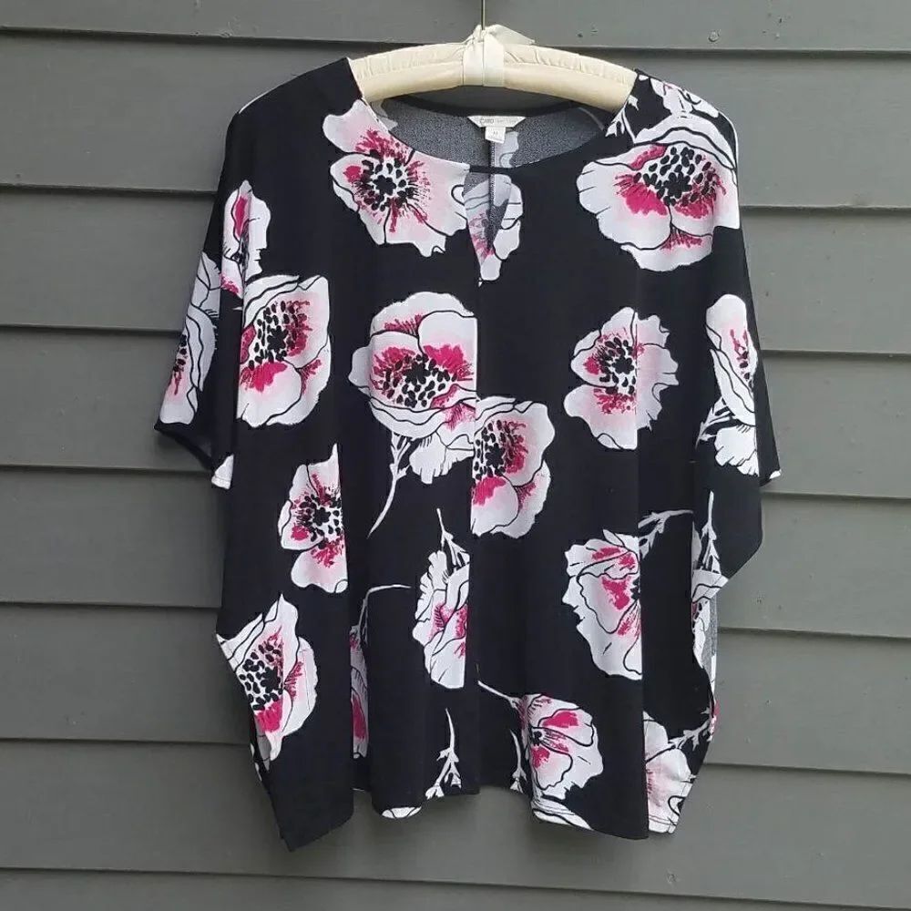 Cato Black Pink White Floral Batwing Blouse Size Medium